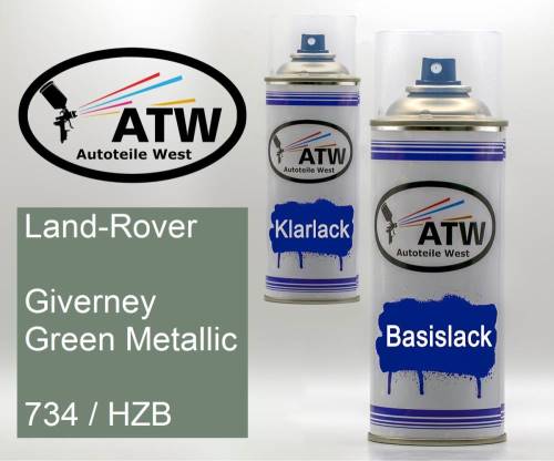 Land-Rover, Giverney Green Metallic, 734 / HZB: 400ml Sprühdose + 400ml Klarlack - Set, von ATW Autoteile West.
